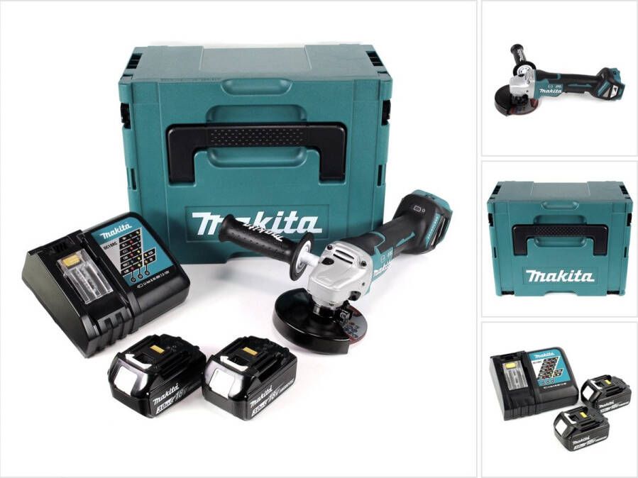 Makita DGA 517 RFJ accu haakse slijper 18 V 125 mm borstelloos + 2x accu 3.0 Ah + lader + Makpac