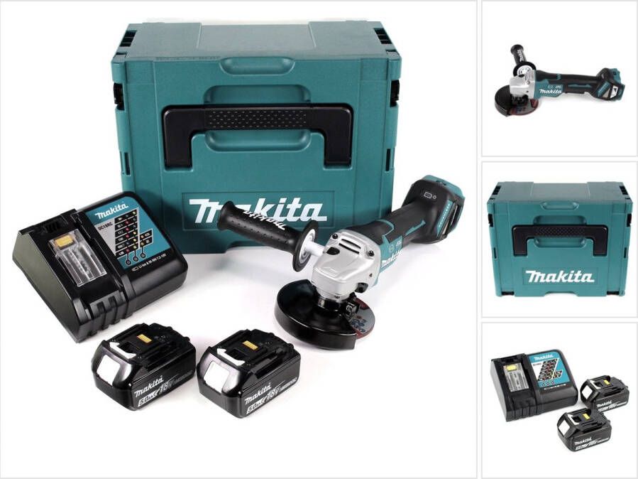 Makita DGA 517 RTJ accu haakse slijper 18 V 125 mm borstelloos + 2x accu 5.0 Ah + lader + Makpac