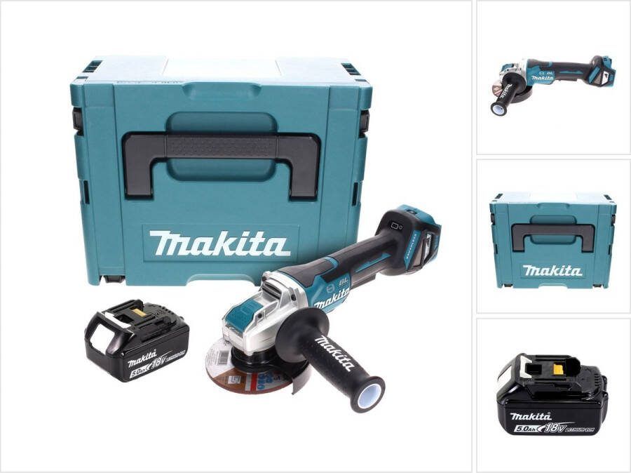 Makita DGA 519 T1J Snoerloze haakse slijper 18 V 125 mm Brushless X-Lock + 1x oplaadbare accu 5.0 Ah + Makpac zonder lader