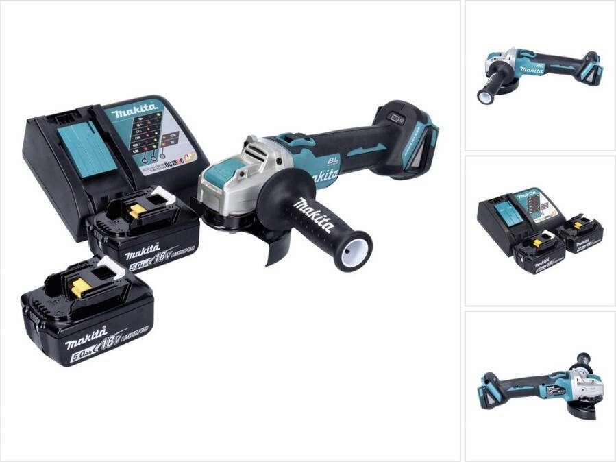 Makita DGA 521 RTX1 accu haakse slijper 18 V 125 mm X-LOCK Brushless + 2x accu 5.0 Ah + lader