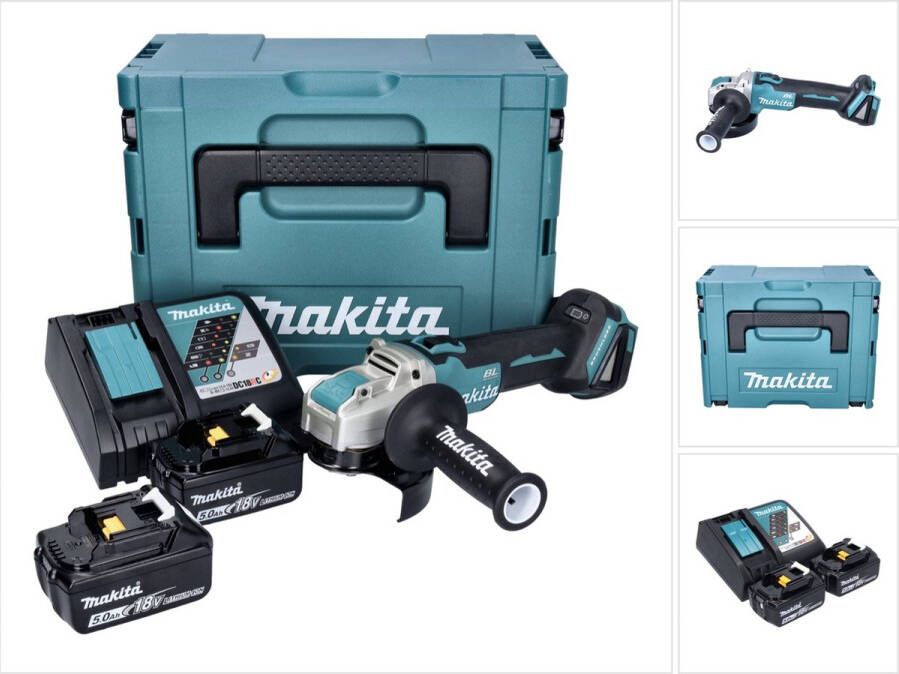 Makita DGA 521 RTX1J Accu haakse slijper 18 V 125 mm X-LOCK Brushless + 2x accu 5.0 Ah + lader + Makpac