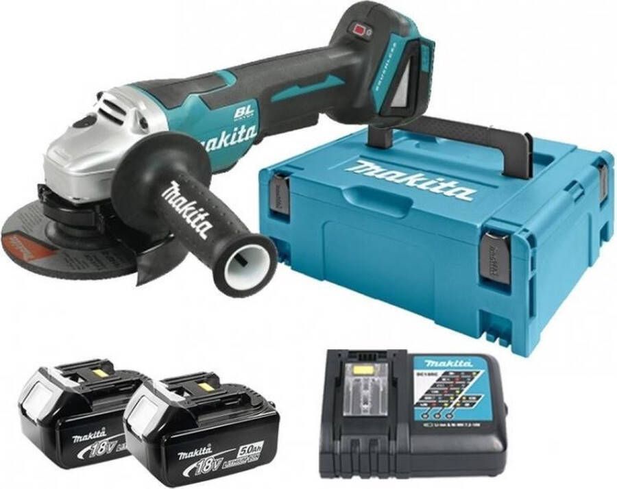 Makita DGA505RTJ 18V Li-Ion Accu haakse slijper set (2x 5.0Ah accu) in Mbox 125mm koolborstelloos softstart