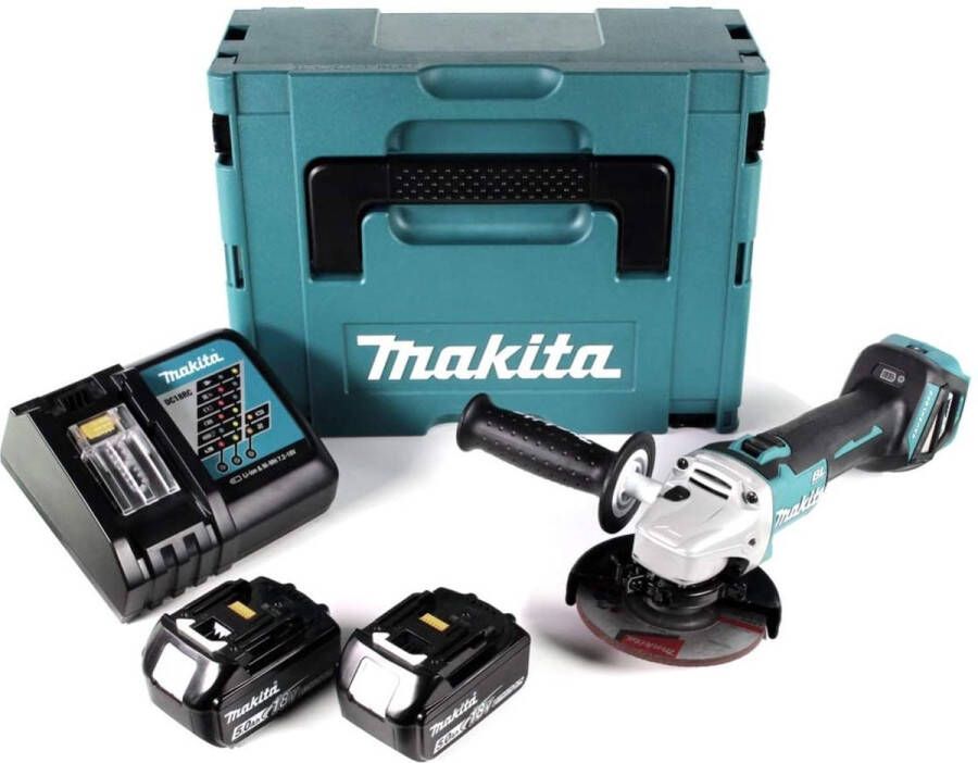 Makita DGA511RTJ 18V Li-Ion Accu haakse slijper set (2x 5.0Ah accu) in Mbox 125mm koolborstelloos