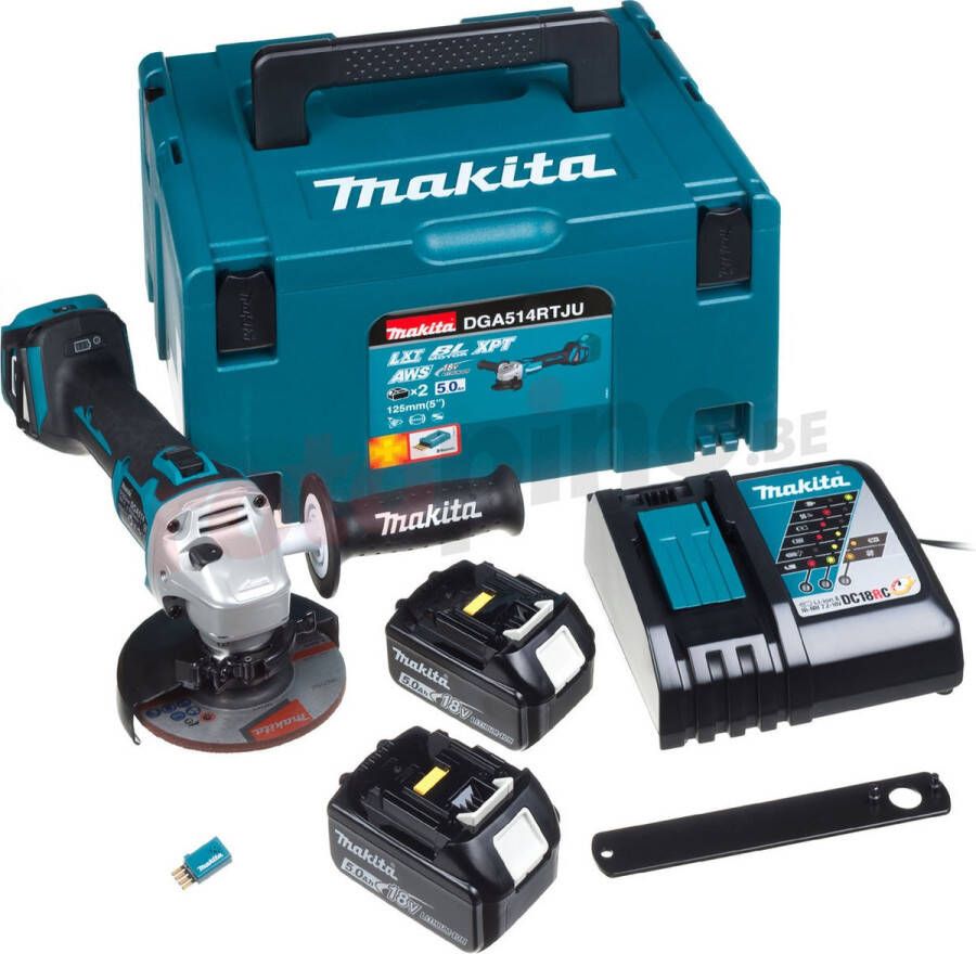 Makita DGA514RTJU 18V Li-Ion Accu AWS haakse slijper set (2x 5.0Ah accu) in Mbox 125mm koolborstelloos