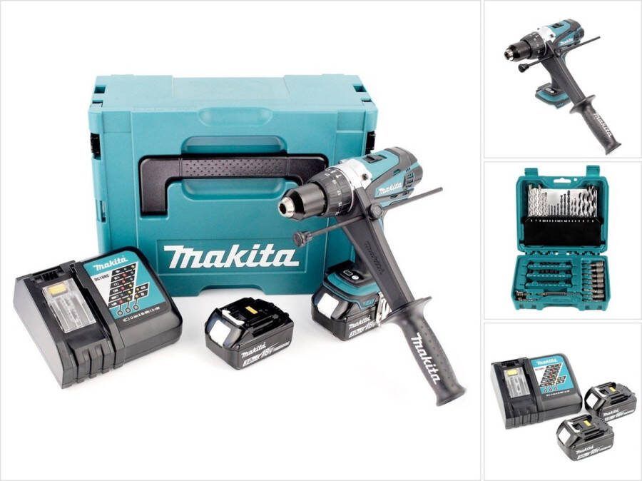 Makita DHP 458 RFJ accu klopboormachine 18V 91Nm in Makpac + 2x 3 Ah accu + lader + 60-delige bits- en boorset