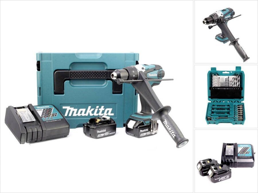 Makita DHP 458 RMJ accu klopboormachine 18V 91Nm + 2x 4.0 Ah accu + lader + Makpac + 60-delige boren- en bitset