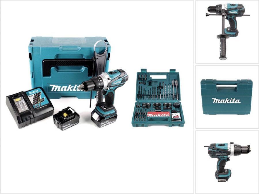 Makita DHP 458 RTJ accu klopboormachine 18V 91Nm in Makpac + 2x 5.0 Ah accu + lader + 100-delige bits & boren set