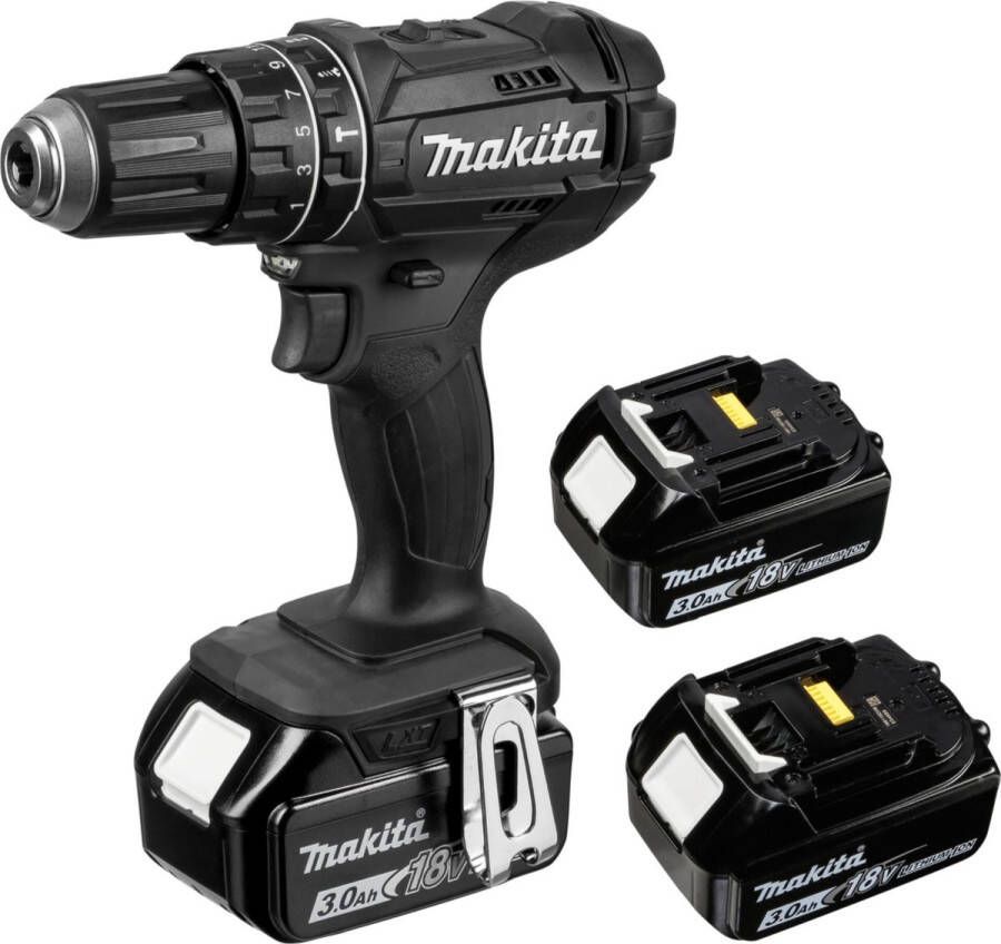 Makita DHP 482 F3JB Accu klopboormachine 18 V 62 Nm Zwart + 3x accu 3.0 Ah + lader + Makpac