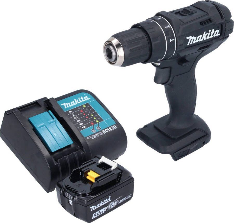 Makita DHP 482 ST1B Accu klopboormachine 18 V 62 Nm Zwart + 1x oplaadbare accu 5.0 Ah + lader