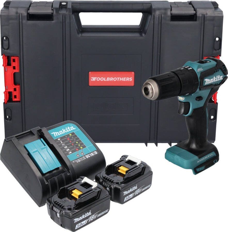 Makita DHP 483 SFJ-R accu klopboormachine 18V 40Nm + 2x accu 3.0 Ah + lader + RHINO