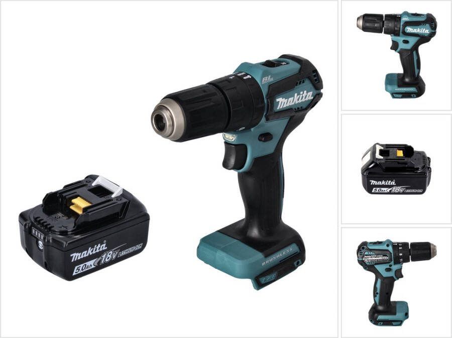 Makita DHP 483 T1 accu klopboormachine 18 V 40 Nm borstelloos + 1x oplaadbare accu 5.0 Ah zonder oplader