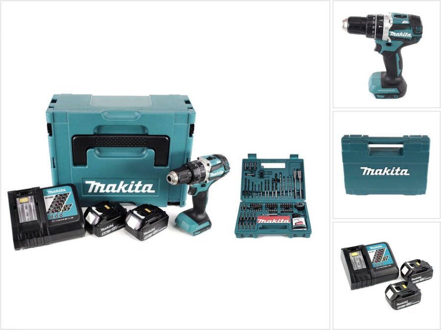 Makita DHP 484 RTJ 18V Brushless Li-Ion accu klopboormachine in Makpac incl. 2x 5.0 Ah accu en lader + B-53811 Bits & boren set 100 stuks