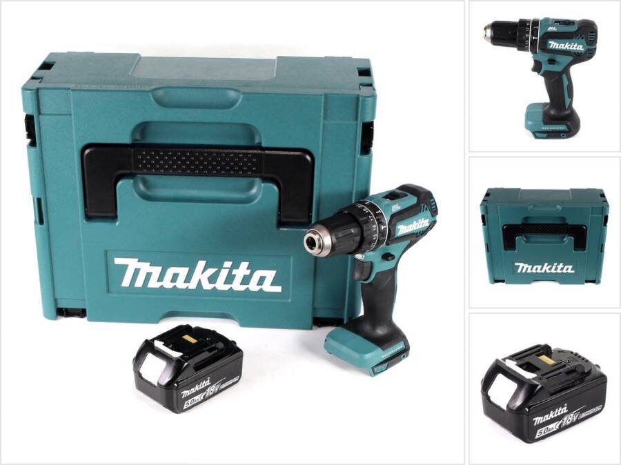 Makita DHP 485 T1J 18 V Li-Ion accu klopboormachine in Makpac + 1 x 5.0 Ah accu zonder lader