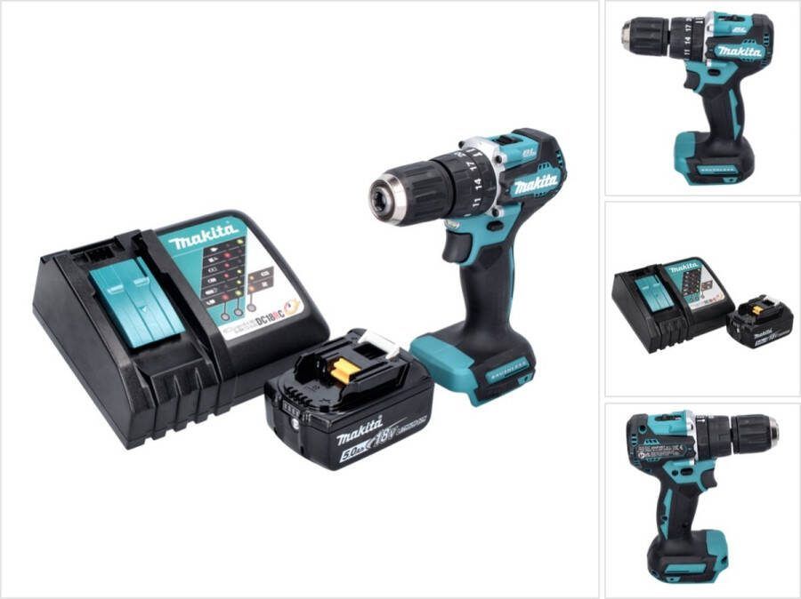 Makita DHP 487 RT1 accu klopboormachine 18 V 40 Nm borstelloos + 1x oplaadbare accu 5.0 Ah + lader