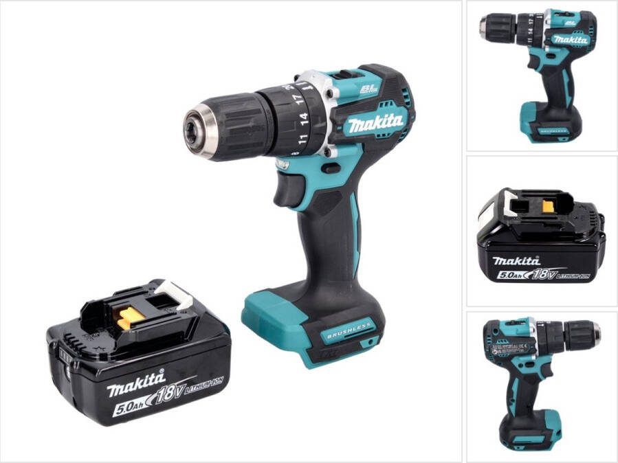 Makita DHP 487 T1 accu klopboormachine 18 V 40 Nm borstelloos + 1x oplaadbare accu 5.0 Ah zonder oplader