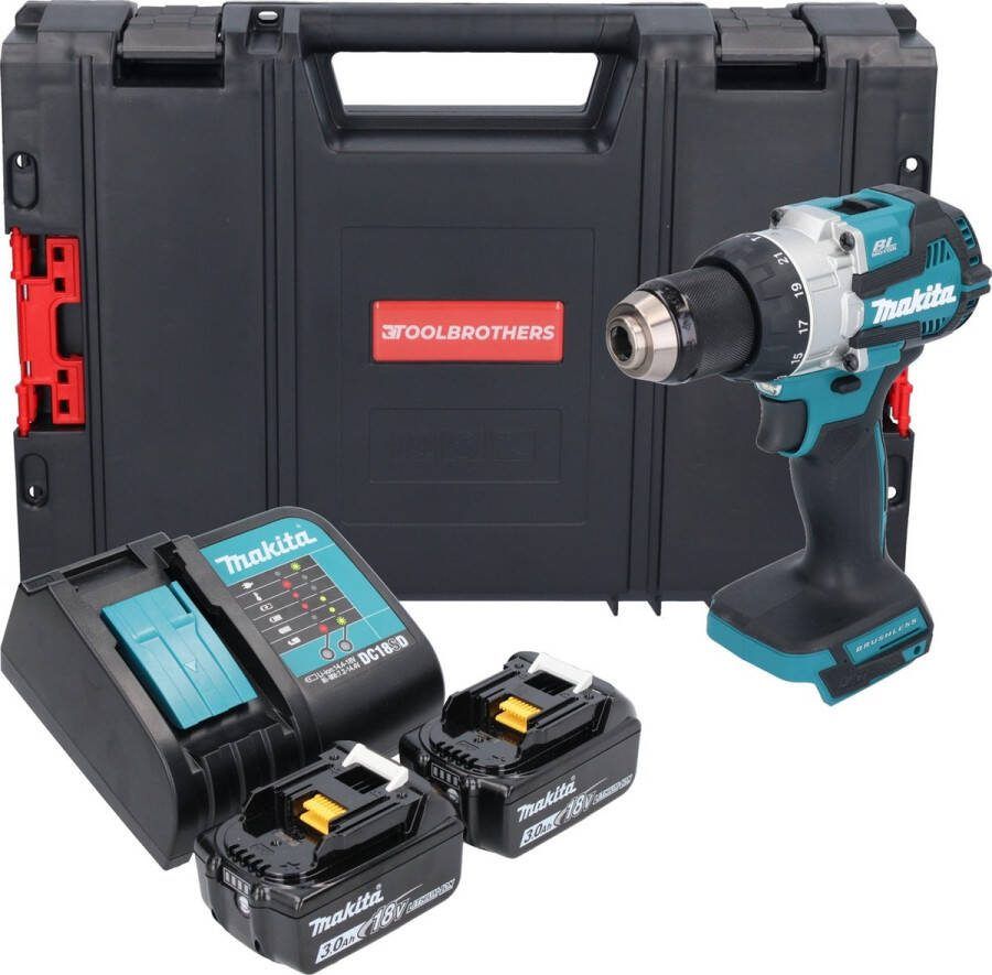 Makita DHP 489 SFJ-R accu klopboormachine 18 V 73 Nm borstelloos + 2x accu 3.0 Ah + lader + RHINO