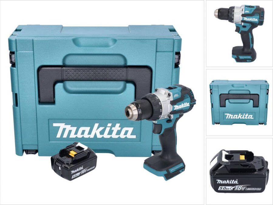Makita DHP 489 T1J accu klopboormachine 18 V 73 Nm borstelloos + 1x oplaadbare accu 5.0 Ah + Makpac zonder oplader