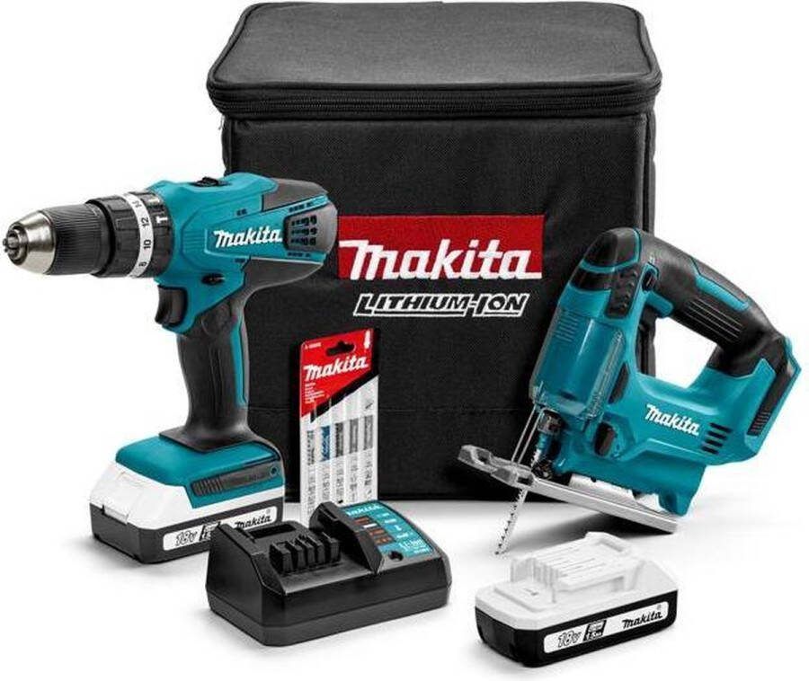 Makita DK18113X1 18V Li-Ion accu combiset HP457D Klopboor- Schroefmachine + JV183D Accu Decoupeerzaag 2 accu's
