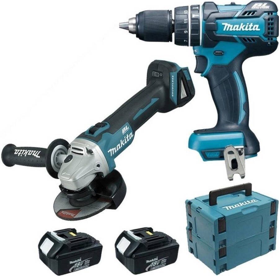 Makita DLX2126TJ1 18V Li-Ion accu Klopboor- schroefmachine (DHP480) & haakse slijper (DGA504) combiset (2x 5.0Ah accu) in 2 x Mbox