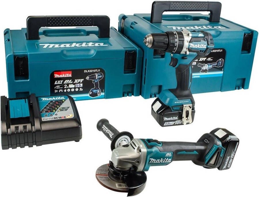 Makita DLX2210TJ1 18V Li-Ion accu klopboor- schroefmachine (DHP484Z) & haakse slijper (DGA506) combiset (2x 5Ah accu) in Mbox