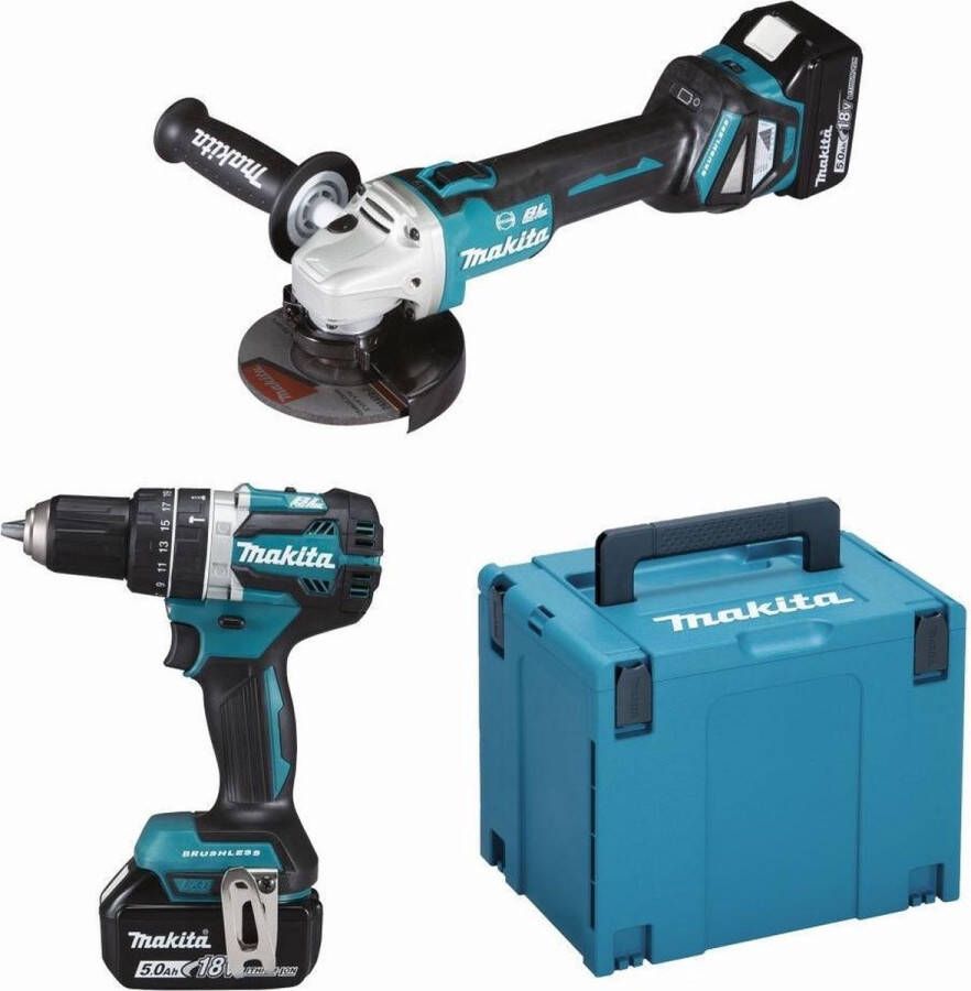 Makita DLX2272TJ 18V LXT 2 delige set: DGA513 Haakse slijper + DHP484 (Klop)boormachine 2 x 5.0Ah accu's