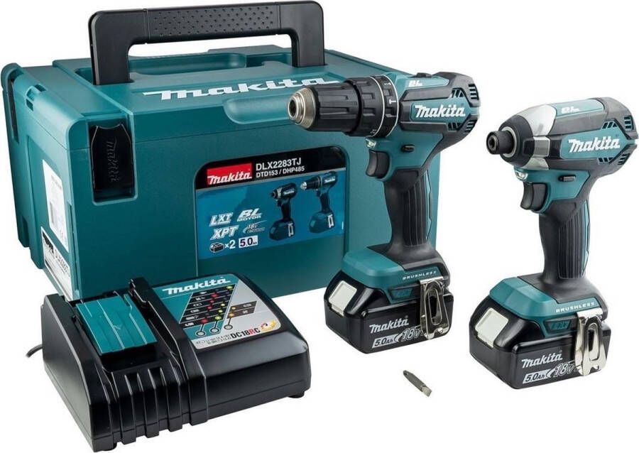 Makita DLX2283TJ 18V Li-Ion accu klopboor- schroefmachine (DHP485) & Slagschroevendraaier (DTD153) combiset (2x 5 0Ah accu) in Mbox koolborstelloos