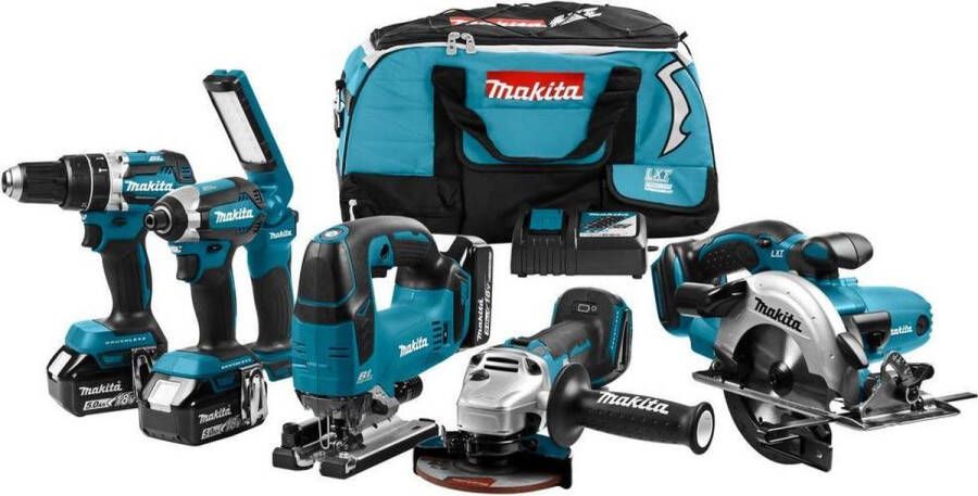 Makita DLX6082T Comboset 18v Li-ion met 3x 5.0Ah accu's voor (klop)boren (slag)schroeven zagen en slijpen