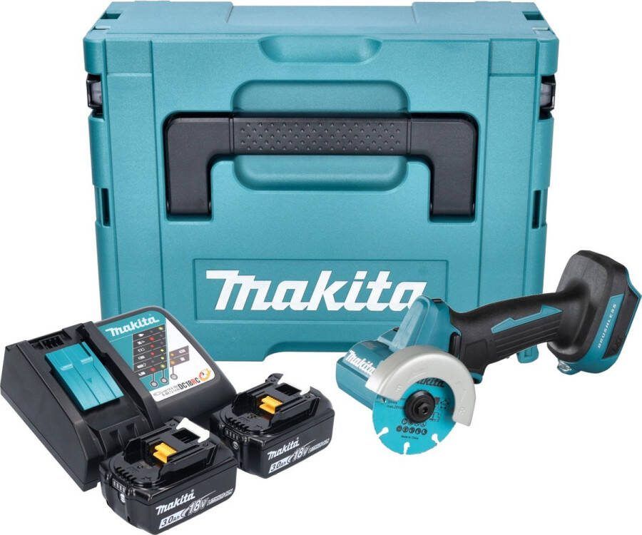 Makita DMC 300 RFJ accu haakse slijper 18 V 76 mm borstelloos + 2x accu 3.0 Ah + lader + Makpac