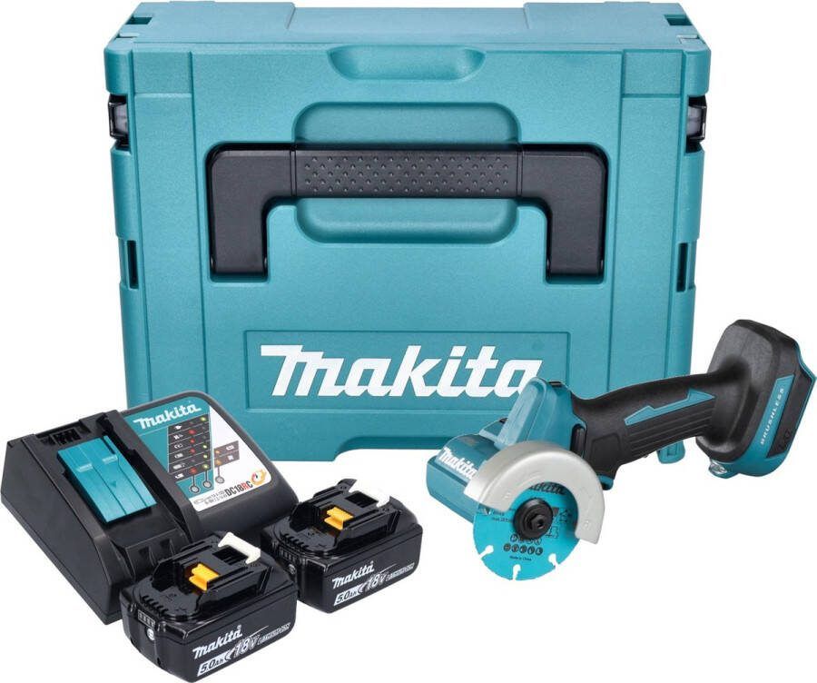 Makita DMC 300 RTJ accu haakse slijper 18 V 76 mm borstelloos + 2x accu 5.0 Ah + lader + Makpac
