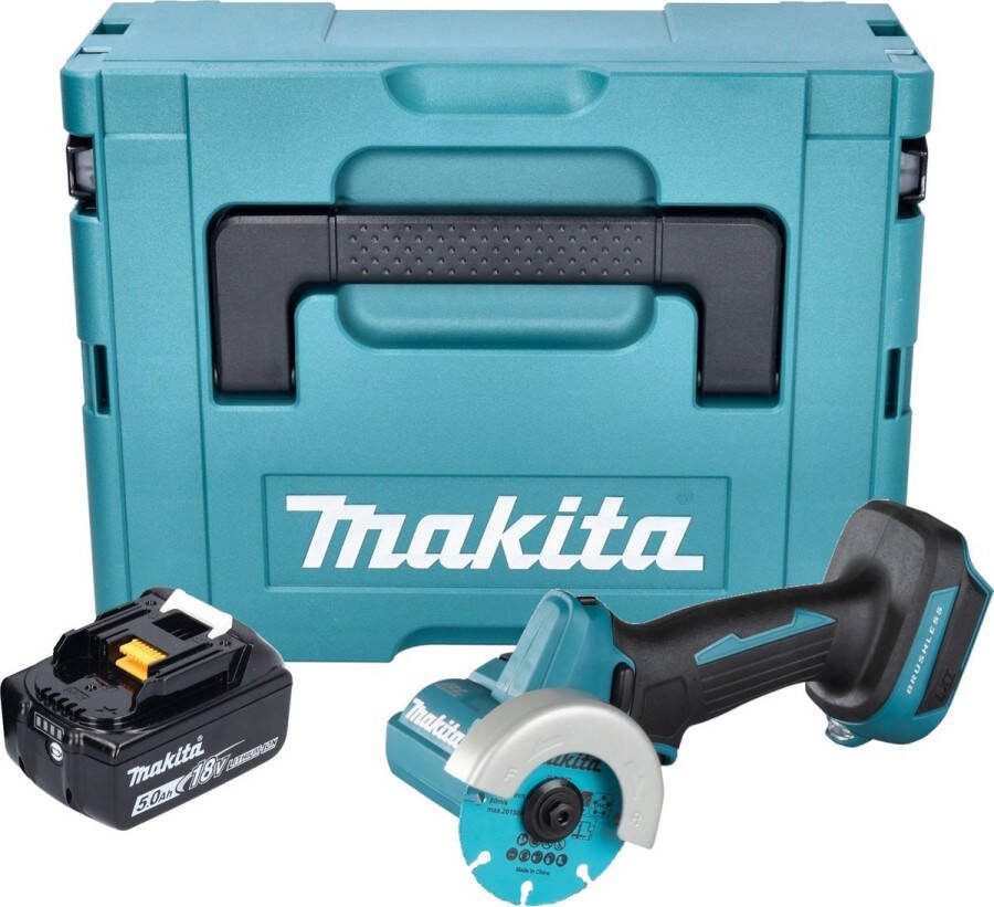 Makita DMC 300 T1J accu haakse slijper 18 V 76 mm borstelloos + 1x oplaadbare accu 5.0 Ah + Makpac zonder lader
