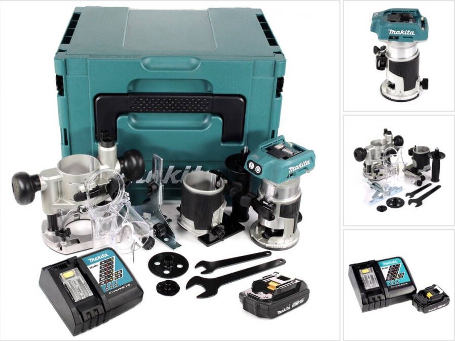 Makita DRT 50 RA1J X2 accu multifunctionele bovenfrees 18 V borstelloos + 1x oplaadbare accu 2.0 + lader + bovenfreesmodules + Makpac