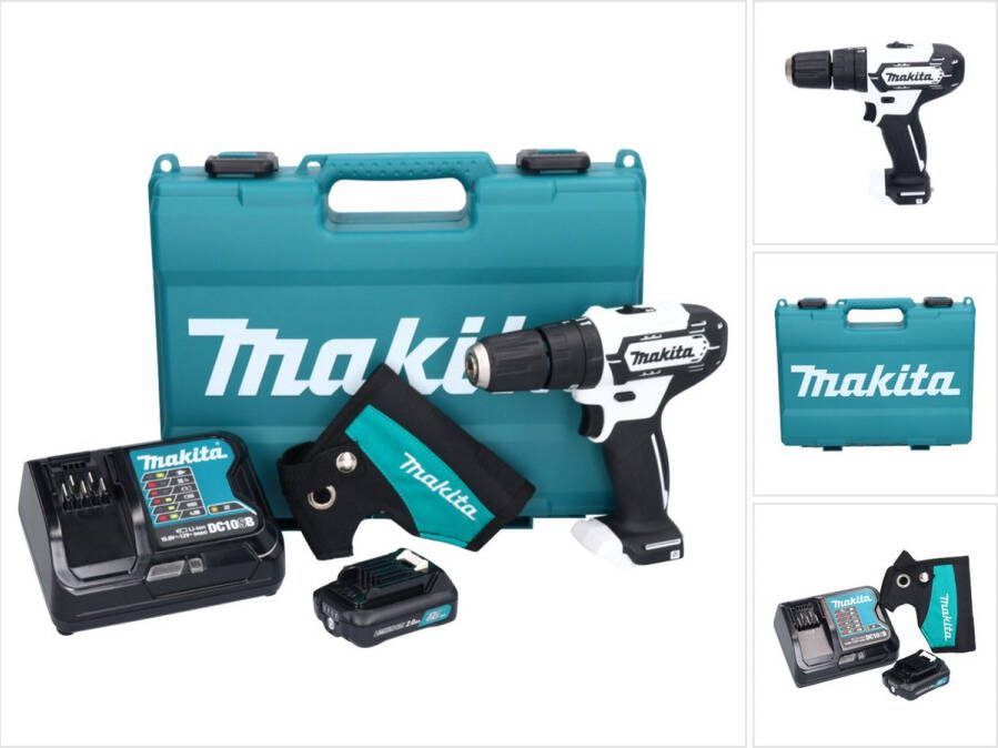 Makita HP 333 DSAW Accu klopboormachine 12 V 30 Nm Wit + 1x oplaadbare accu 2.0 Ah + lader + holster + koffer