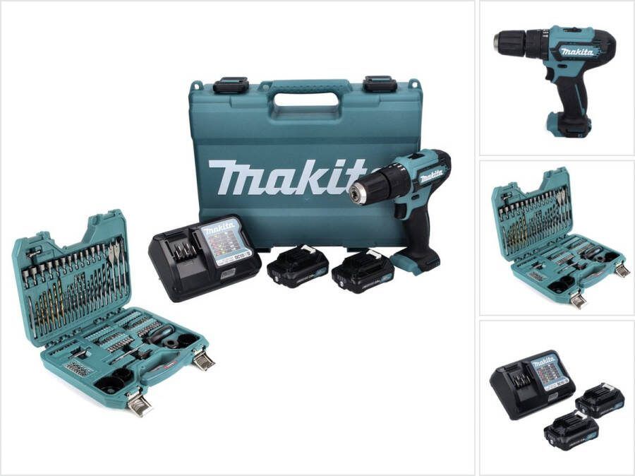 Makita HP 333 DWAE accu klopboormachine 12 V 30 Nm + 2x accu 2.0 Ah + lader + 101-delige boren set + koffer