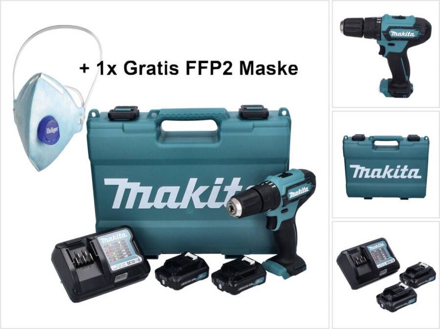 Makita HP 333 DWAE accu klopboormachine 12 V 30 Nm + 2x accu 2.0 Ah + lader + 1x FFP2 masker + koffer