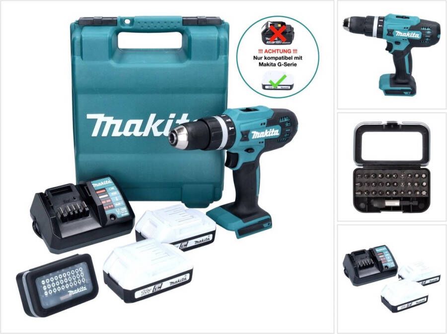 Makita HP488D011 Accu-klopboor schroefmachine 18 V 1.5 Ah Li-ion Incl. 2 accus Incl. lader Incl. koffer Incl. access