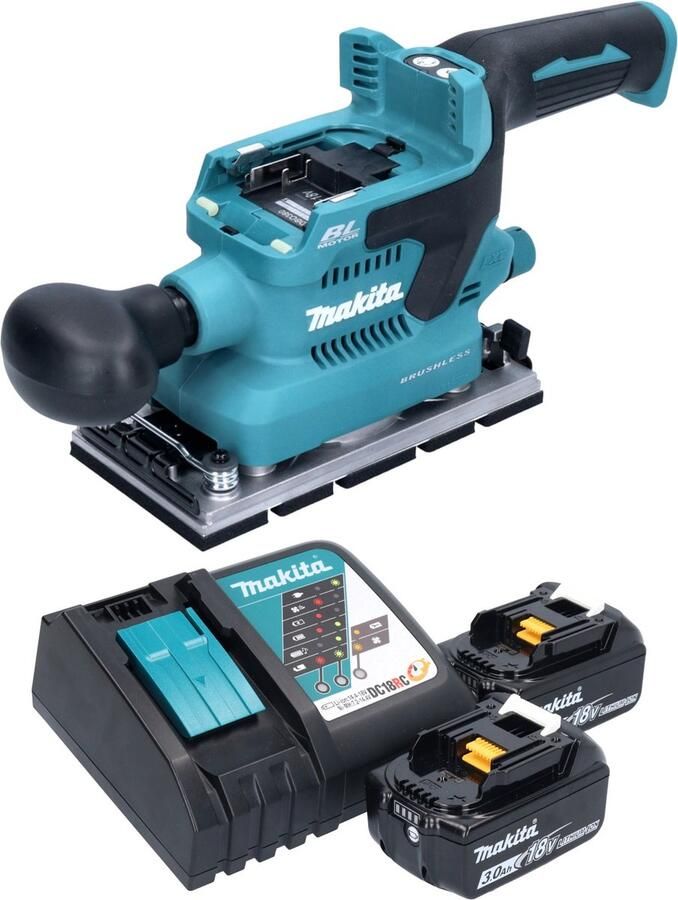 Makita DBO 380 RF accu vlakschuurmachine 18 V 93 x 185 mm borstelloos + 2x accu 3.0 Ah + lader