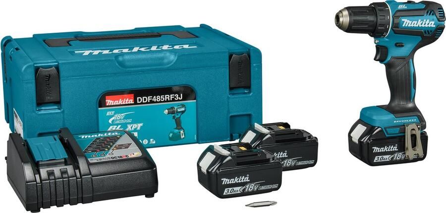 Makita Accu-schroefboormachine DDF485RF3J met 3 accu's 18 v 3ah snellader en makpac 2 (6-delig)