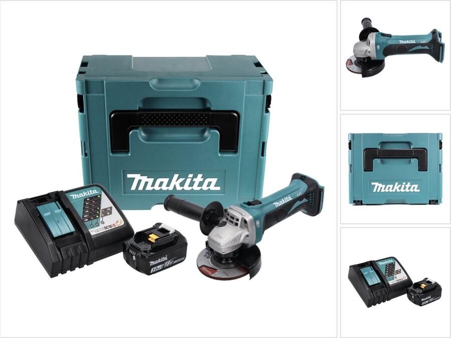 Makita DGA 452 RF1J accu haakse slijper 18 V 115 mm + 1x oplaadbare accu 3.0 Ah + lader + Makpac