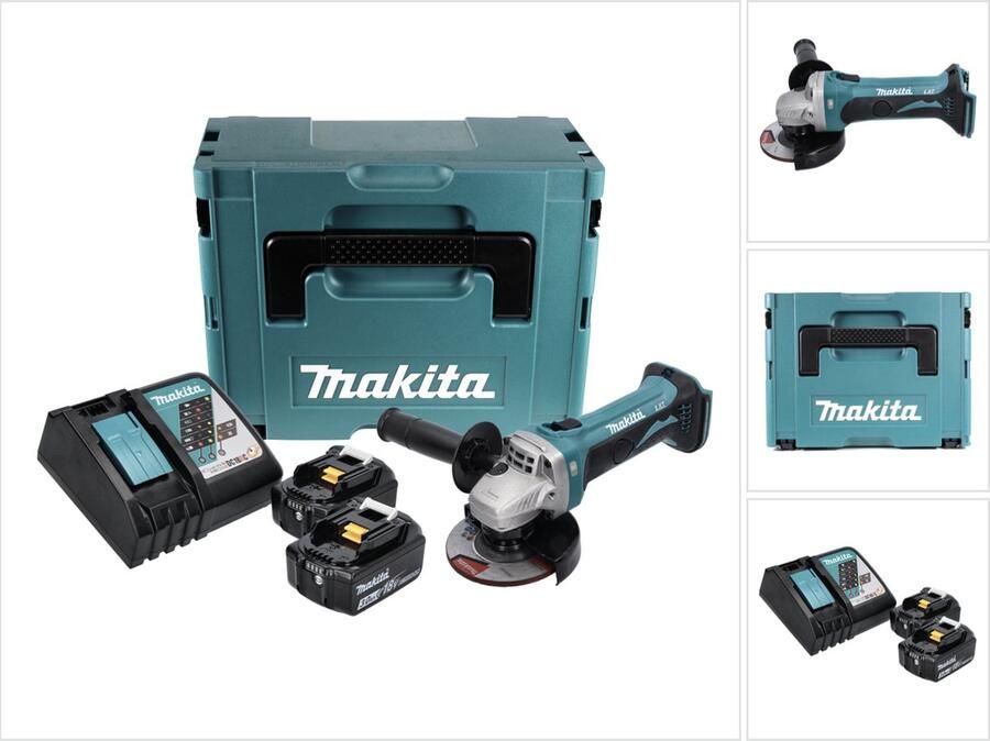 Makita DGA 452 RFJ accu haakse slijper 18 V 115 mm + 2x accu 3.0 Ah + lader + Makpac