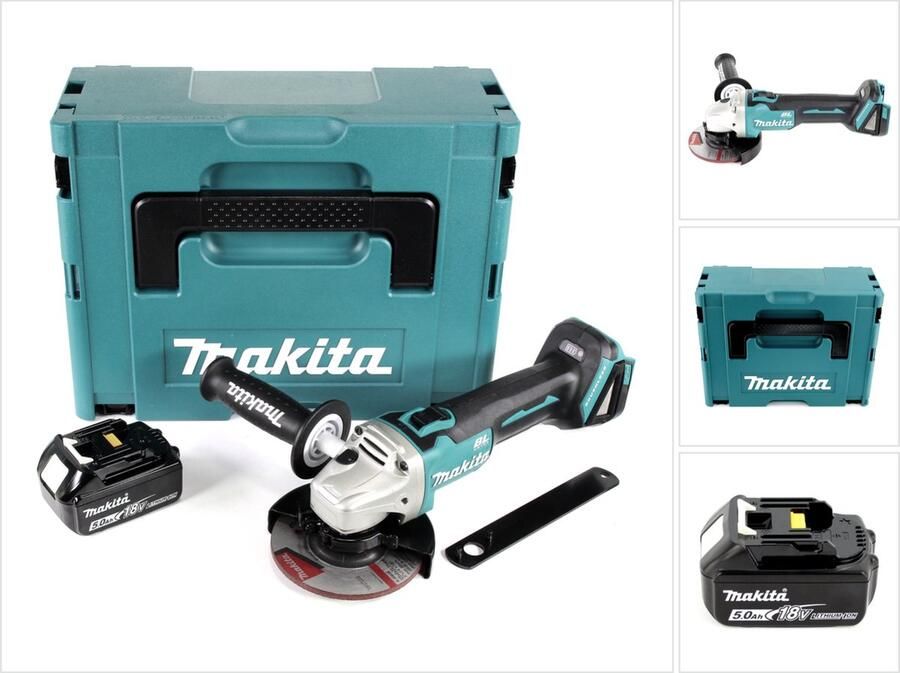 Makita DGA 504 T1J accu haakse slijper 18V 125mm borstelloos + 1x oplaadbare accu 5.0Ah + Makpac zonder lader