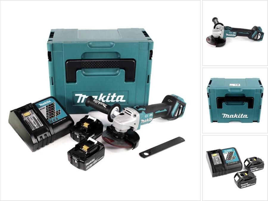 Makita DGA 513 RMJ accu haakse slijper 18V 125mm borstelloos + 2x accu 4.0Ah + lader + Makpac