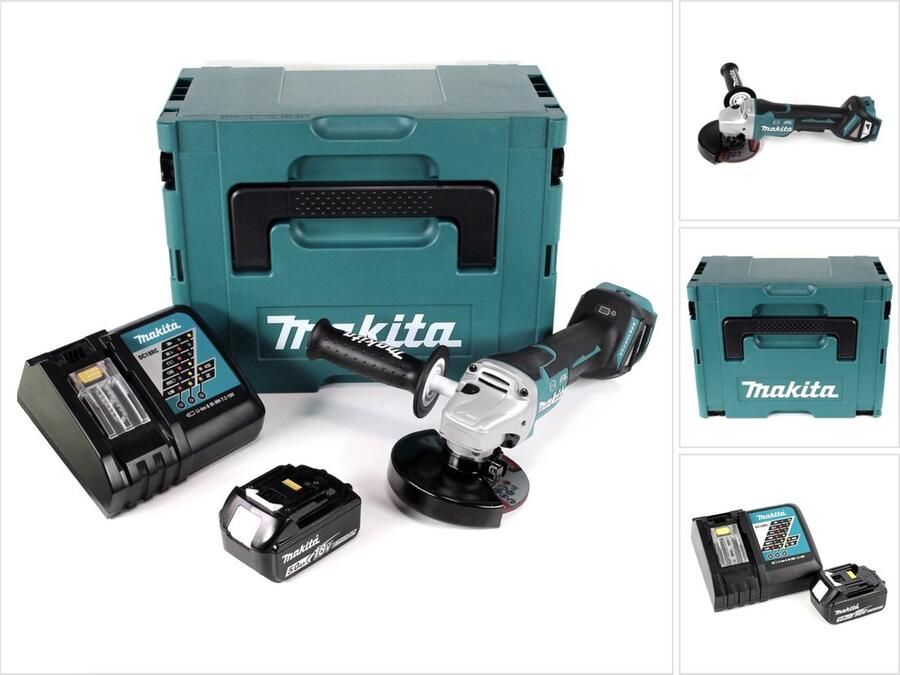Makita DGA 517 RT1J accu haakse slijper 18 V 125 mm borstelloos + 1x oplaadbare accu 5.0 Ah + lader + Makpac