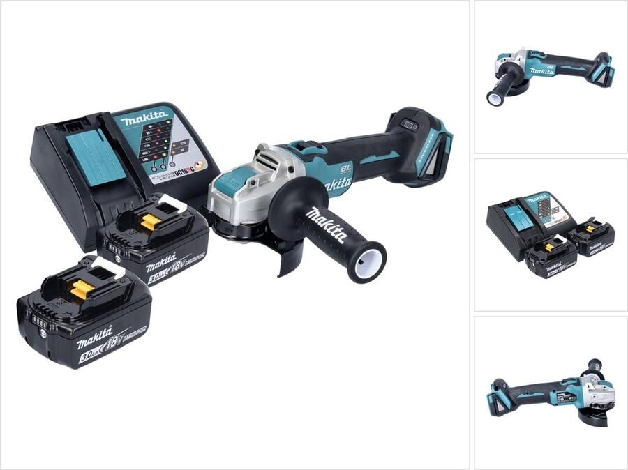Makita DGA 521 RFX1 accu haakse slijper 18 V 125 mm X-LOCK Brushless + 2x accu 3.0 Ah + lader