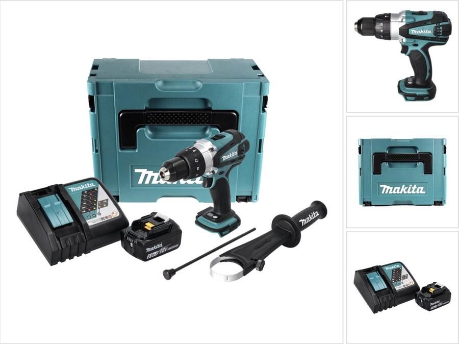 Makita DHP 458 RT1J accu klopboormachine 18 V 91 Nm + 1x oplaadbare accu 5.0 Ah + lader + Makpac