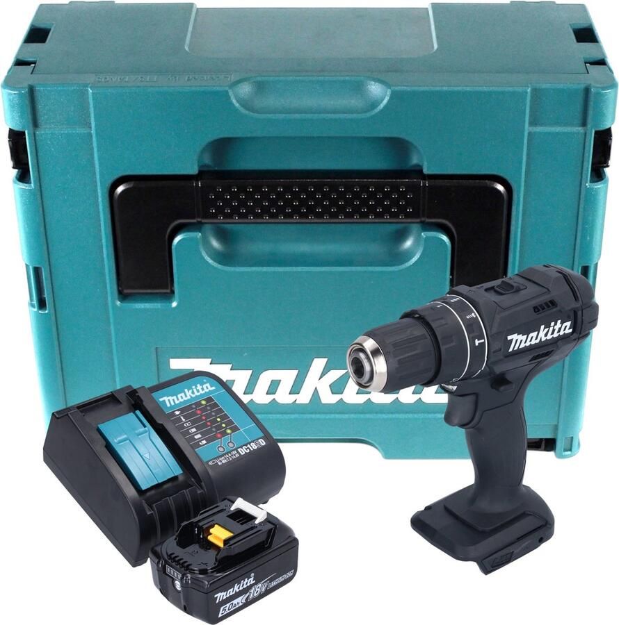 Makita DHP 482 ST1JB Accu klopboormachine 18 V 62 Nm Zwart + 1x oplaadbare accu 5.0 Ah + lader + Makpac