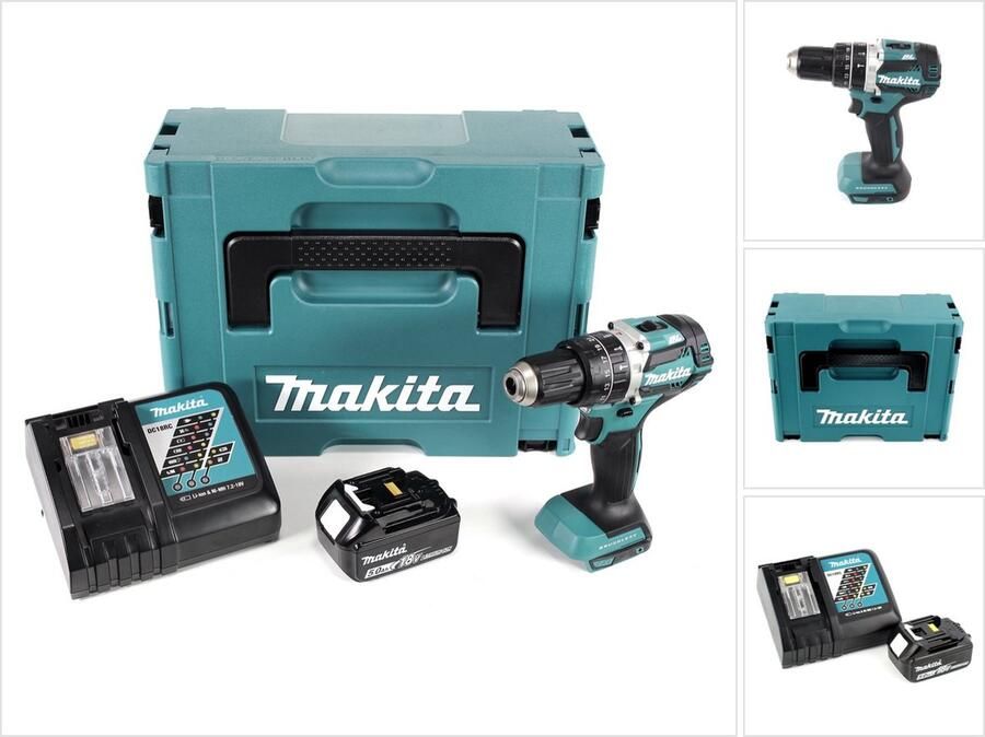Makita DHP 484 RT1J 18V Brushless Li-Ion accu klopboormachine in Makpac incl. 1x BL 1850 B 5.0 Ah accu en DC18RC lader