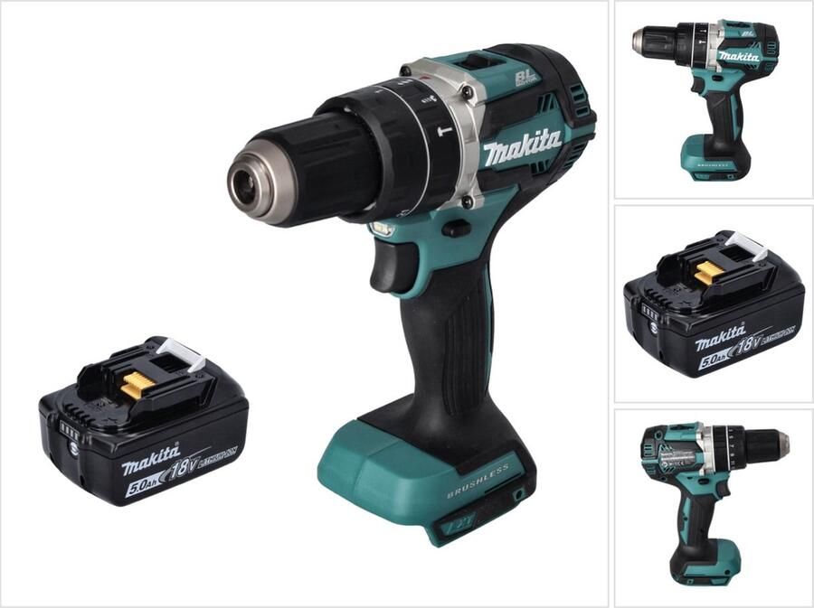 Makita DHP 484 T1 accu klopboormachine 18 V 54 Nm borstelloos + 1x oplaadbare accu 5.0 Ah zonder oplader