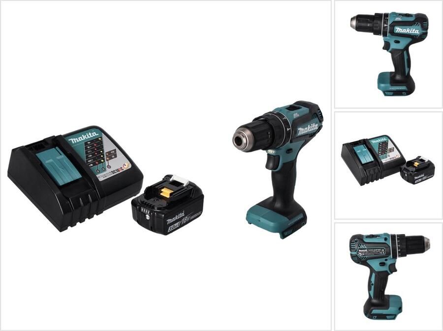 Makita DHP 485 RF1 accu klopboormachine 18 V 50 Nm borstelloos + 1x oplaadbare accu 3.0 Ah + lader