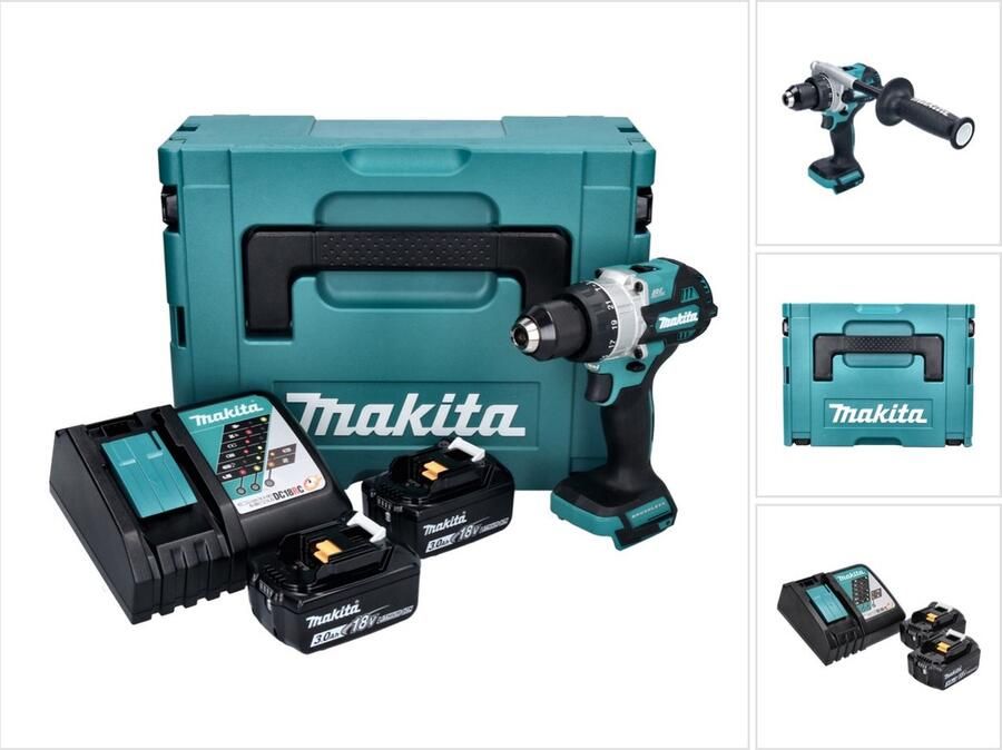 Makita DHP 486 RFJ accu klopboormachine 18 V 130 Nm borstelloos + 2x accu 3.0 Ah + lader + Makpac