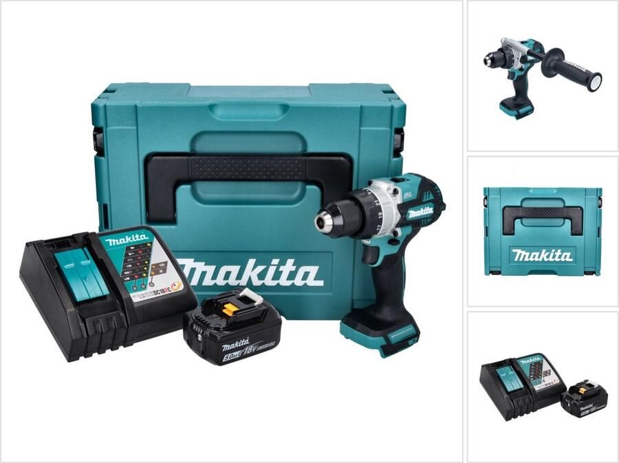 Makita DHP 486 RT1J accu klopboormachine 18 V 130 Nm borstelloos + 1x oplaadbare accu 5.0 Ah + lader + Makpac